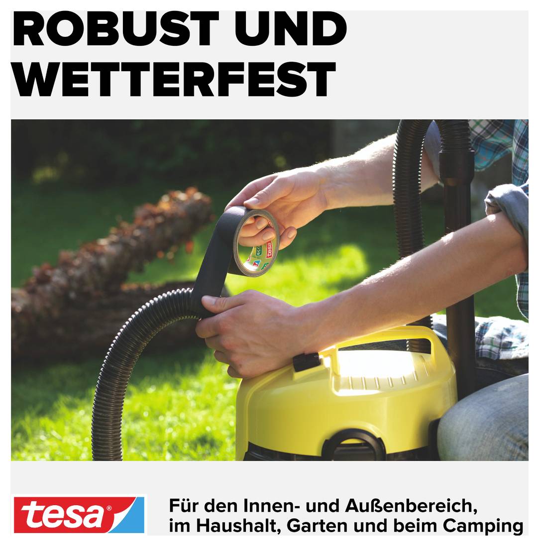 A person is holding a yellow device with a long hose in a garden. Above the image is the text 'ROBUST AND WEATHERPROOF'. Below it reads 'For indoor and outdoor use, in the household, garden and whilst camping'.