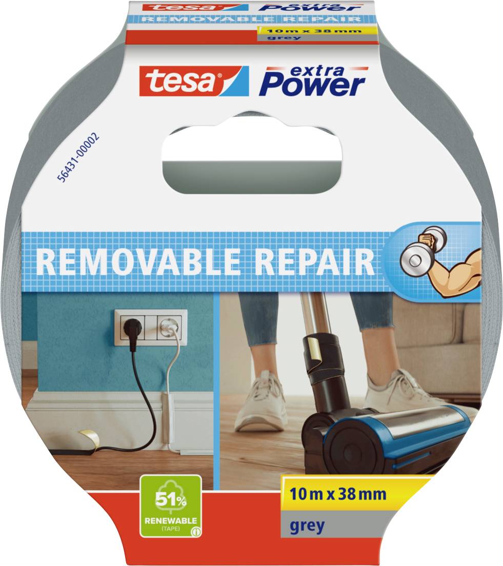 'Tesa extra Power Removable Repair' tape packaging shows tape on a vacuum in a room with blue walls. Dimensions: 10m x 38mm, color: grey.