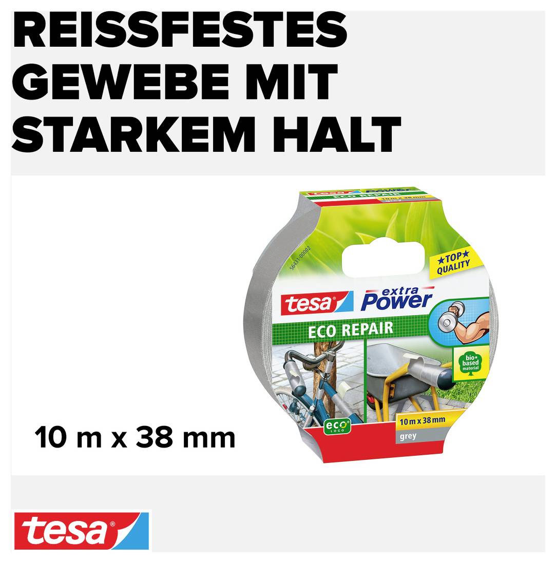 Packaging of Tesa Eco Repair Cloth Tape, grey, 10 m x 38 mm. Suitable for repair and fixing with strong adhesion.