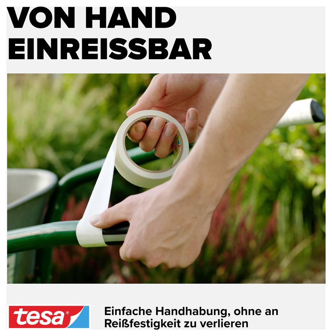 A person tears adhesive tape by hand to stick it onto a green pipe. Text: 'Easily torn by hand'. Brand logo in bottom left corner.