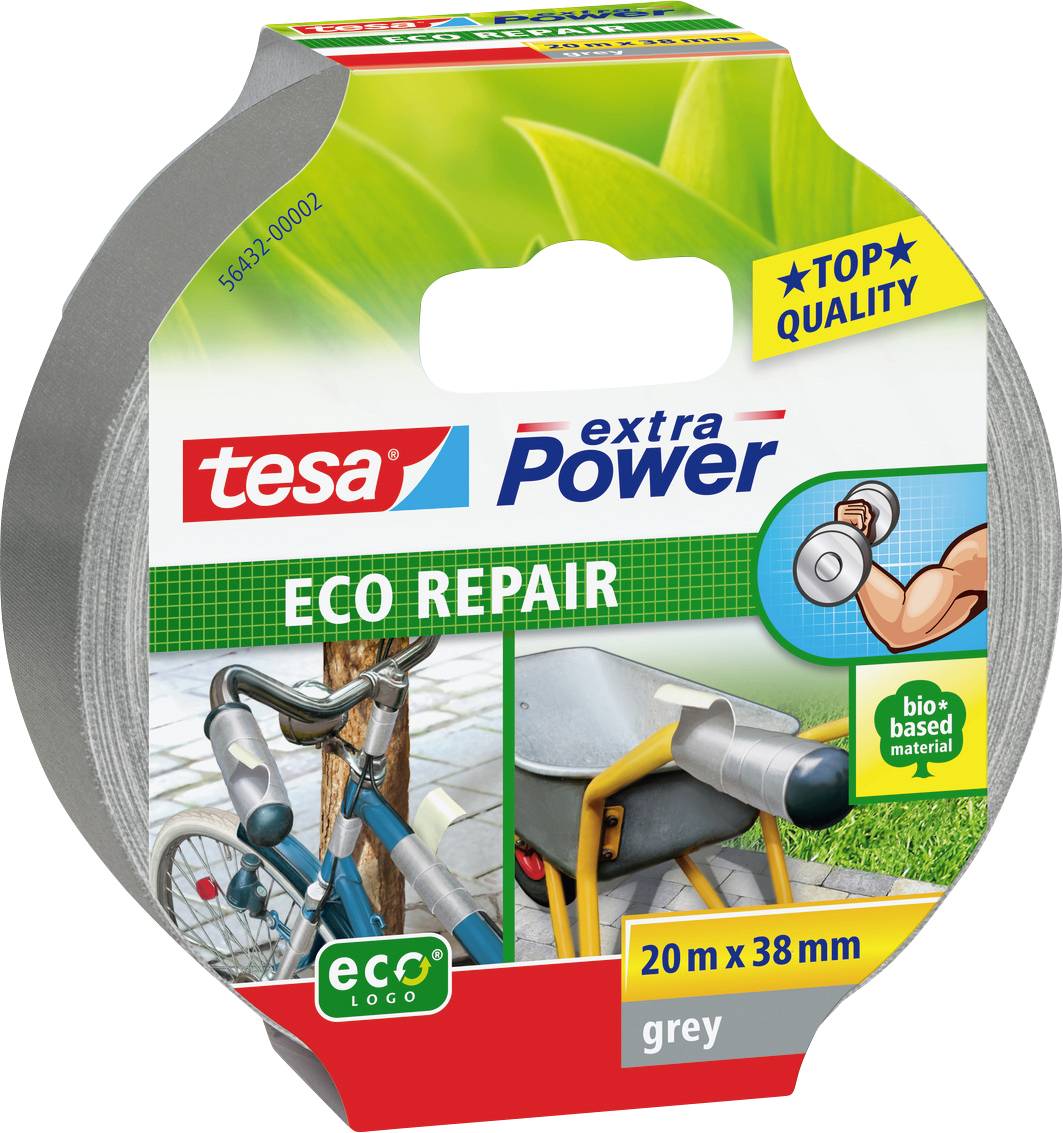 'Gray eco repair duct tape roll, 20m x 38mm, bio-based material, labeled 'extra power', 'top quality'. Image of bike repair illustrates use.'