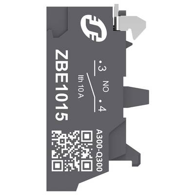 Close-up of a circuit breaker labeled 'ZBE1015', '3 NO', '4', 'Ith 10A', 'A300-Q300', with a QR code.<br>