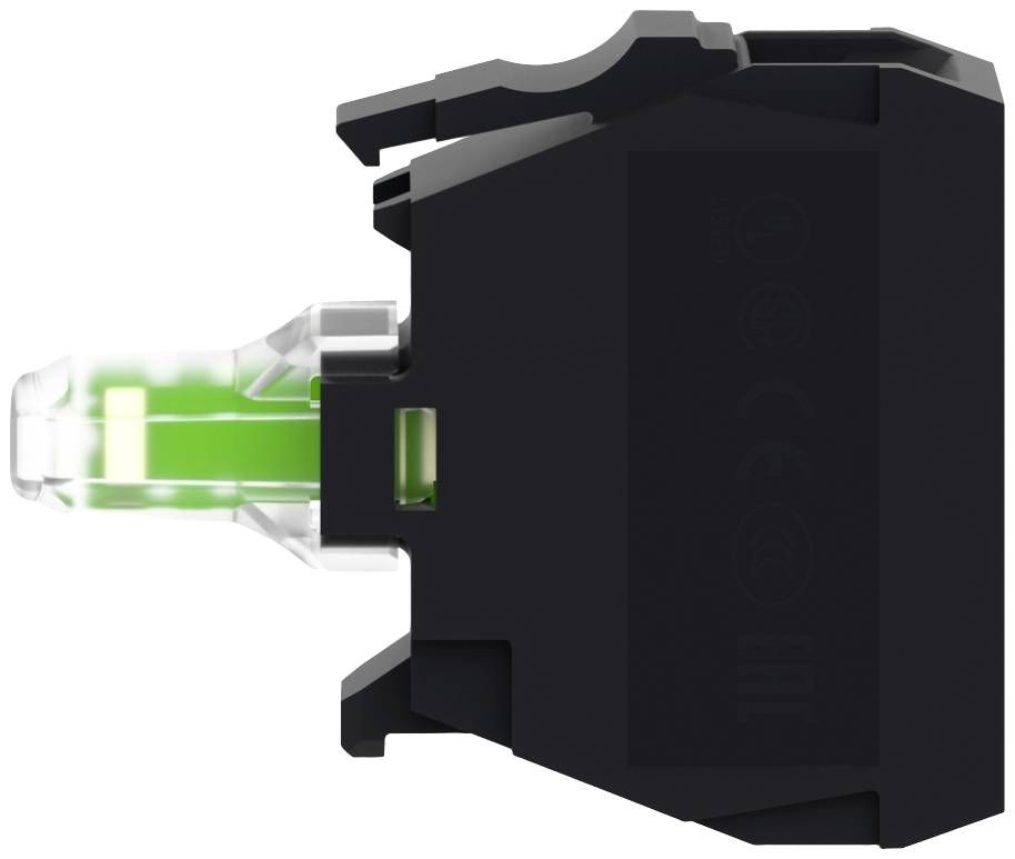 A black plastic casing with a visible transparent and green plug contact. Possibly part of an electronic device.