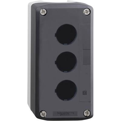 A grey enclosure with three round apertures, suitable for housing push buttons or switches, brand logo at the bottom.