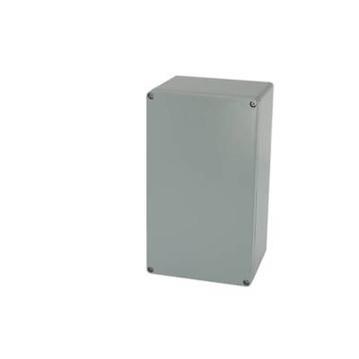 Rectangular grey metal box with screws at the corners, against a white background.