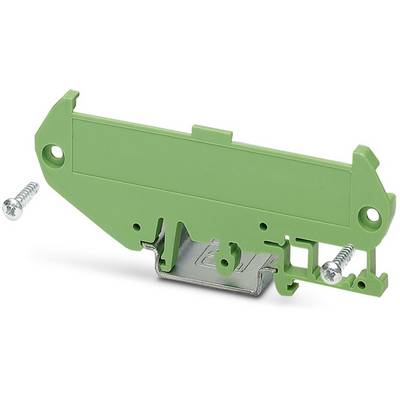 Green, rectangular connecting element with metal fastening and two screws, presumably for electrical installations.