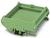 Green electronic module housing with clips and screws for mounting on DIN rails. Suitable for industrial applications.