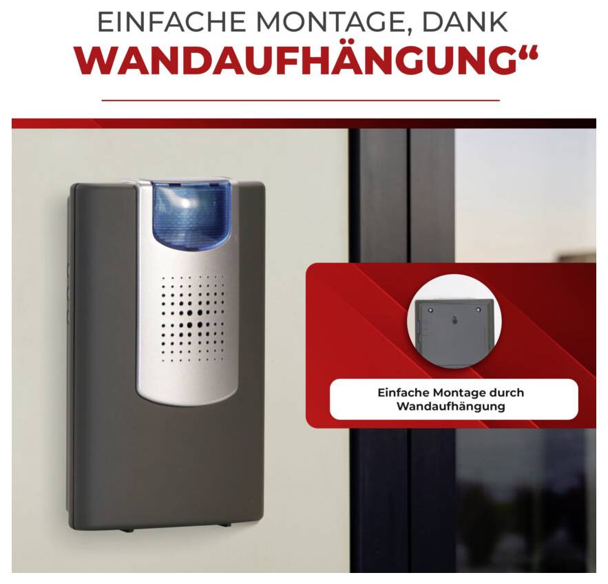 Alarm device with blue LED and speaker, mountable on the wall. Text: Easy installation, thanks to wall mounting.