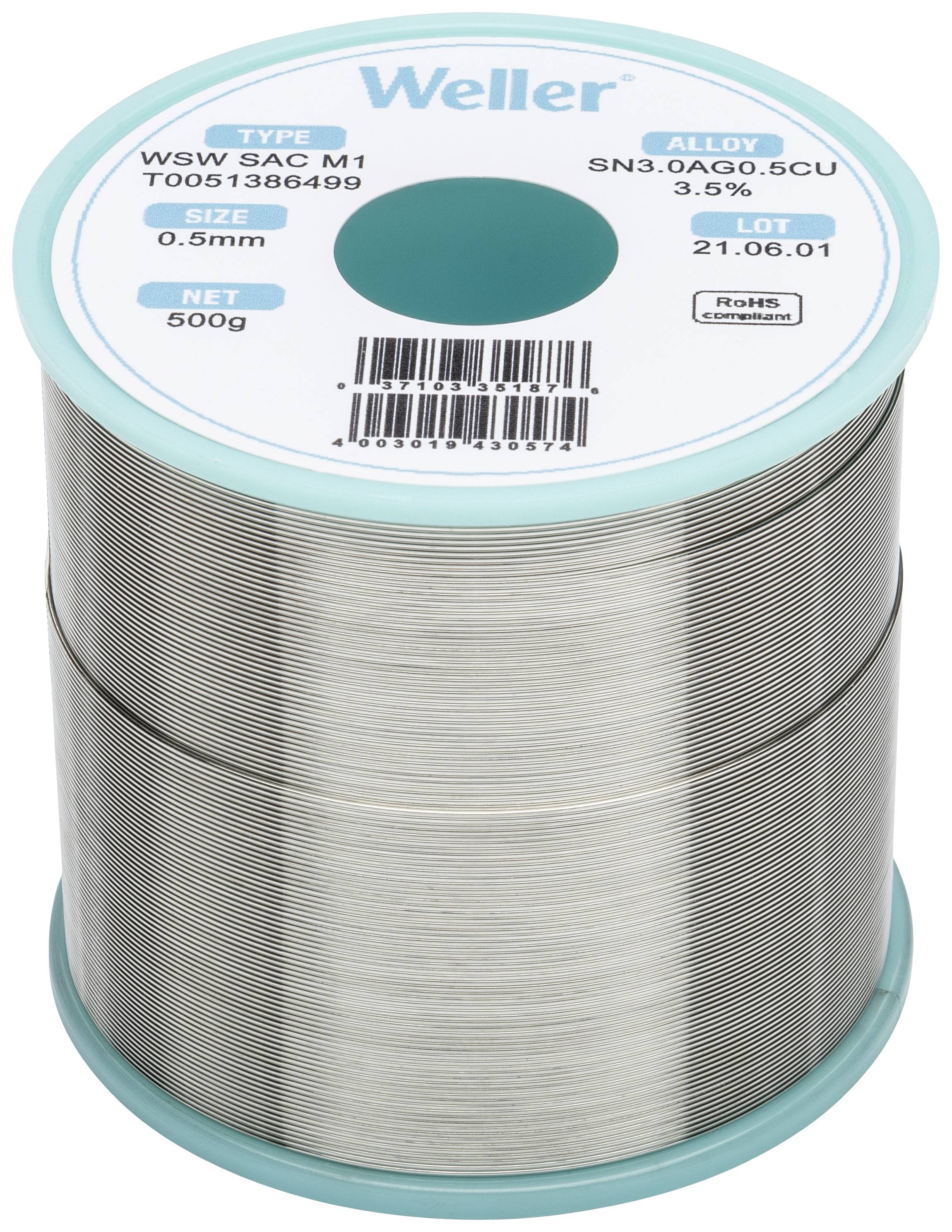 A reel of solder by Weller, type SAC M1, with a diameter of 0.5 mm and a weight of 500 g.