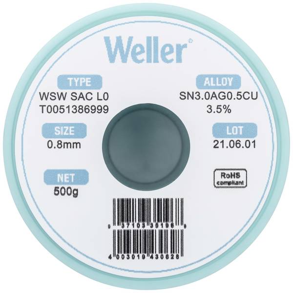 Weller WSW SAC L0 Solder, lead-free Reel Sn3,0Ag0,5Cu 500 g 0.8 mm