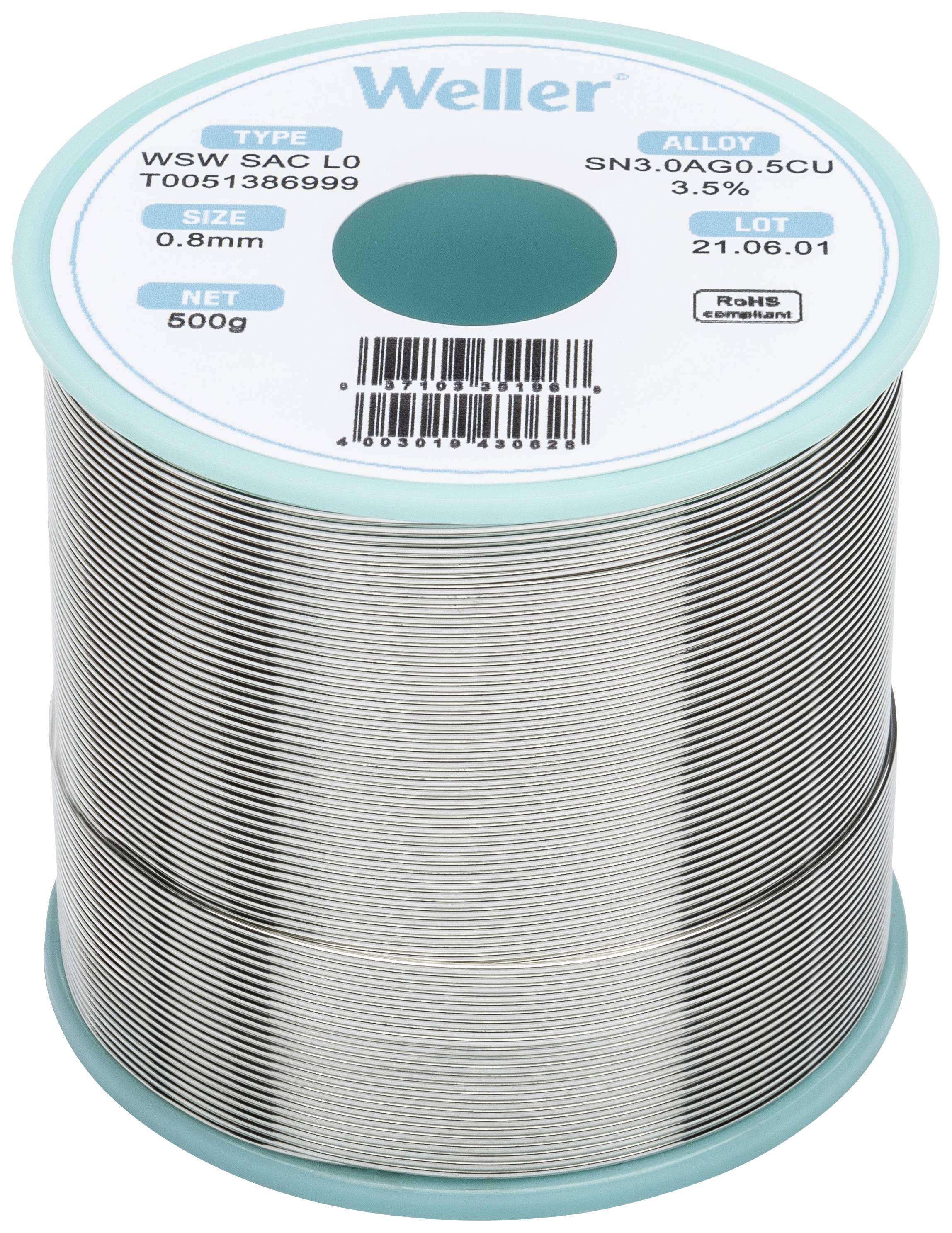 Weller solder wire roll, Type WSW SAC L0, weight 500g, diameter 0.8mm, alloy SN3.0AG0.5CU, batch number 21.06.01.