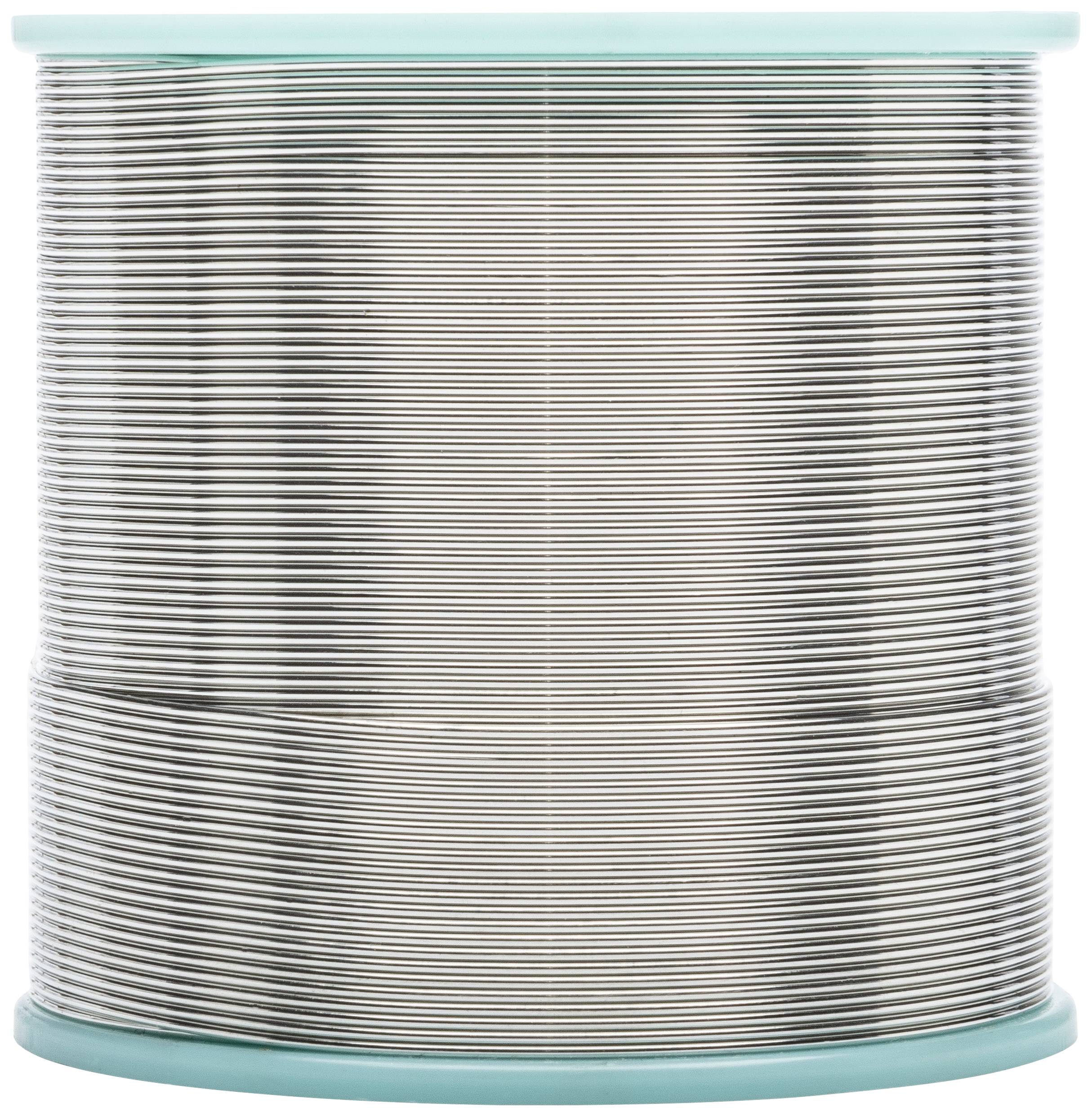 A large reel with silver wire, wound around a turquoise spool core.