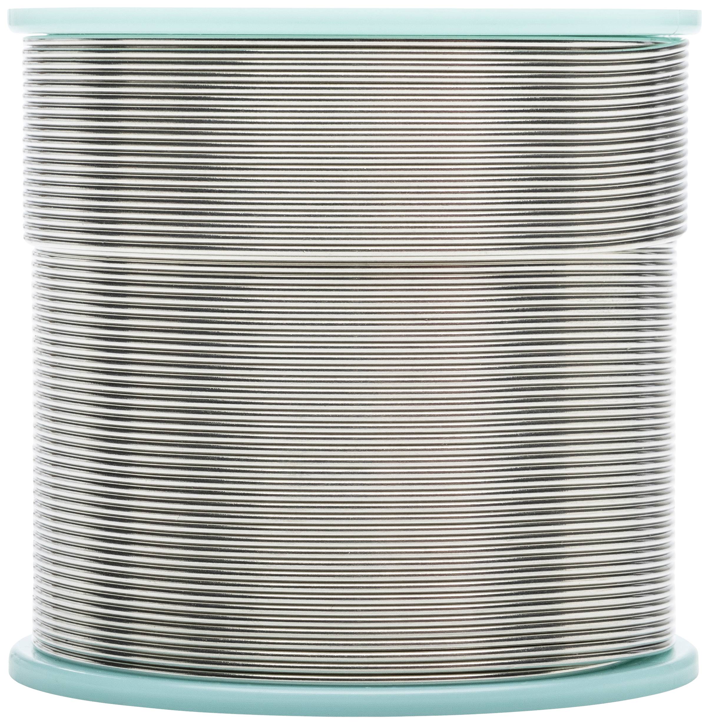 A large reel with a thin, silver metal thread, framed by a light blue base and top edge.