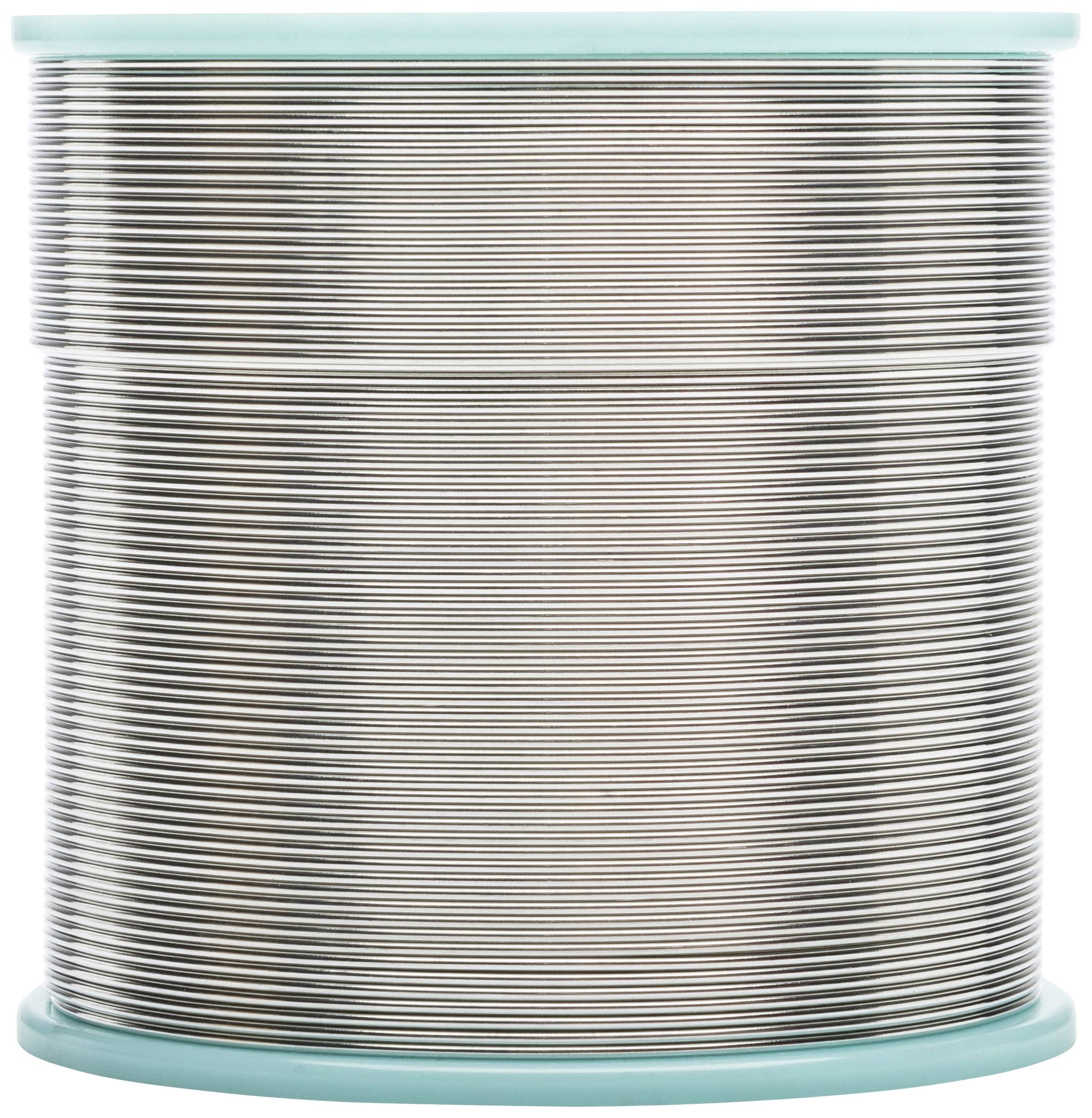 A large silver reel with fine wire wound tightly. The top and bottom are made of light turquoise.