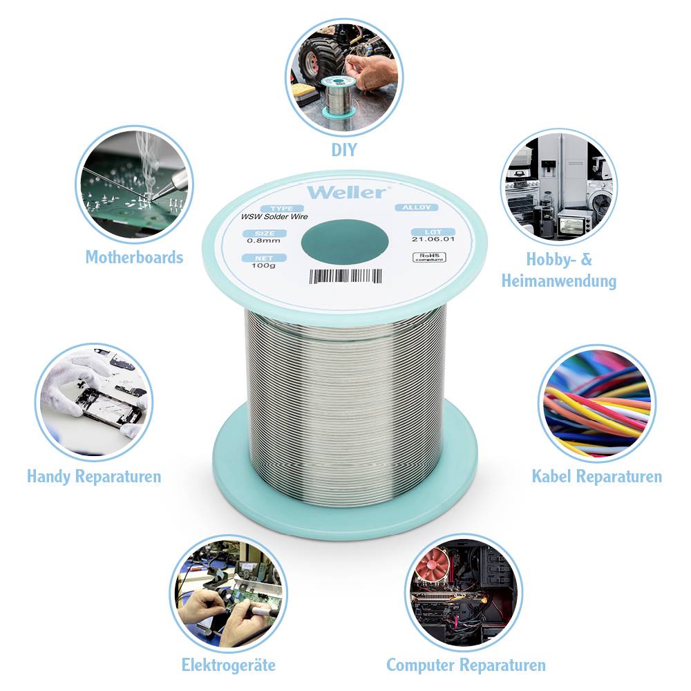 Weller solder tin roll, surrounded by symbols representing applications such as motherboards, mobile phone and cable repairs, electrical appliances, and DIY.