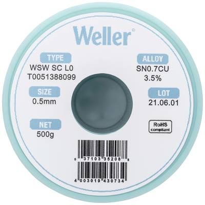 Weller WSW SC L0 Solder, lead-free Reel Sn0,7Cu  500 g 0.5 mm
