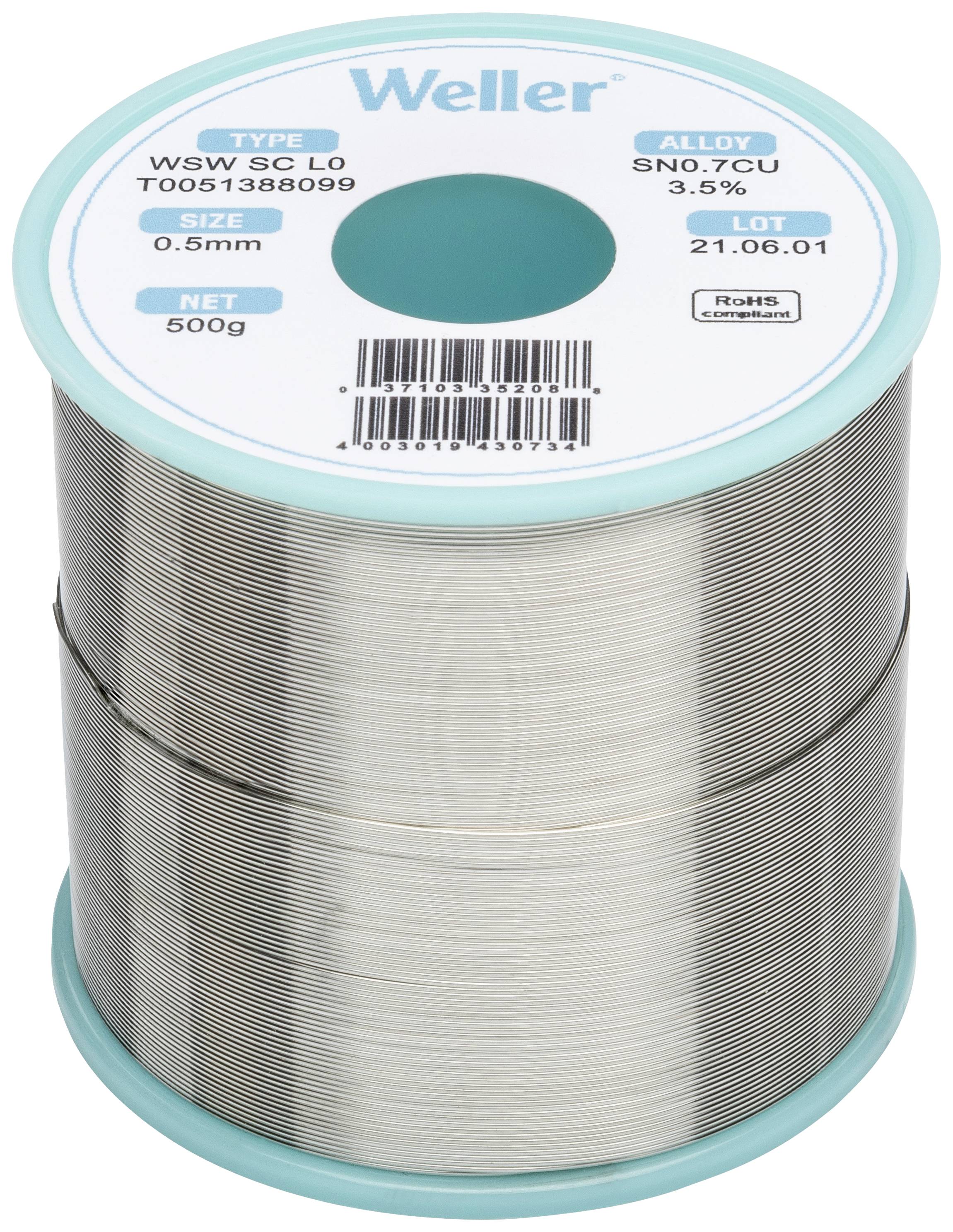 Weller brand soldering tin reel, type WSW SC L0. Diameter 0.5 mm, alloy SN0.7CU 3.5%. Weight 500g.