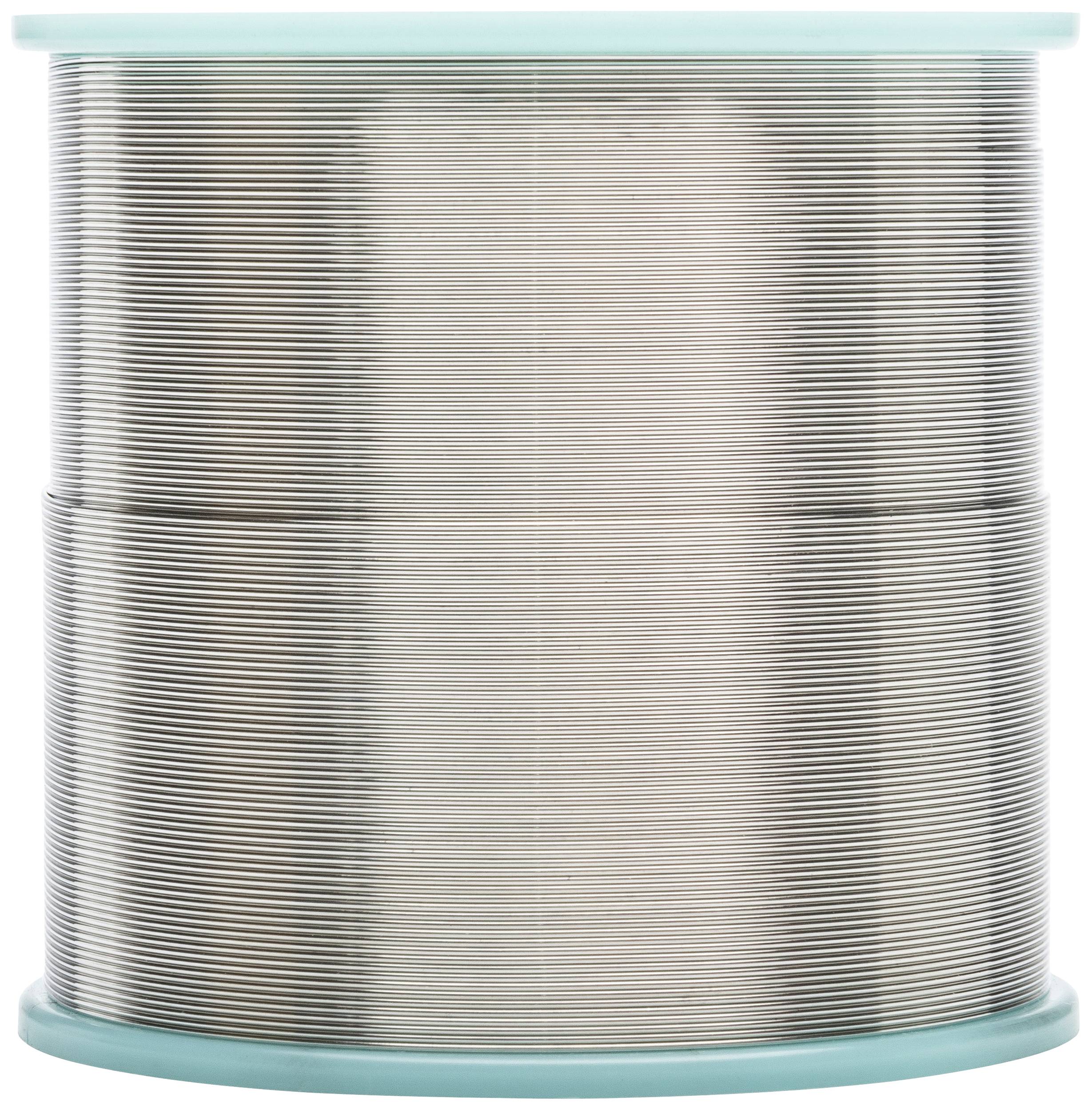 A large coil of fine wire, compactly wound, on a light blue plastic frame, against a white background.