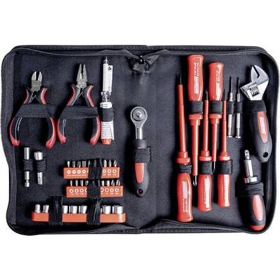 A foldable tool case with various hand tools such as screwdrivers, pliers, and socket spanners, neatly arranged.