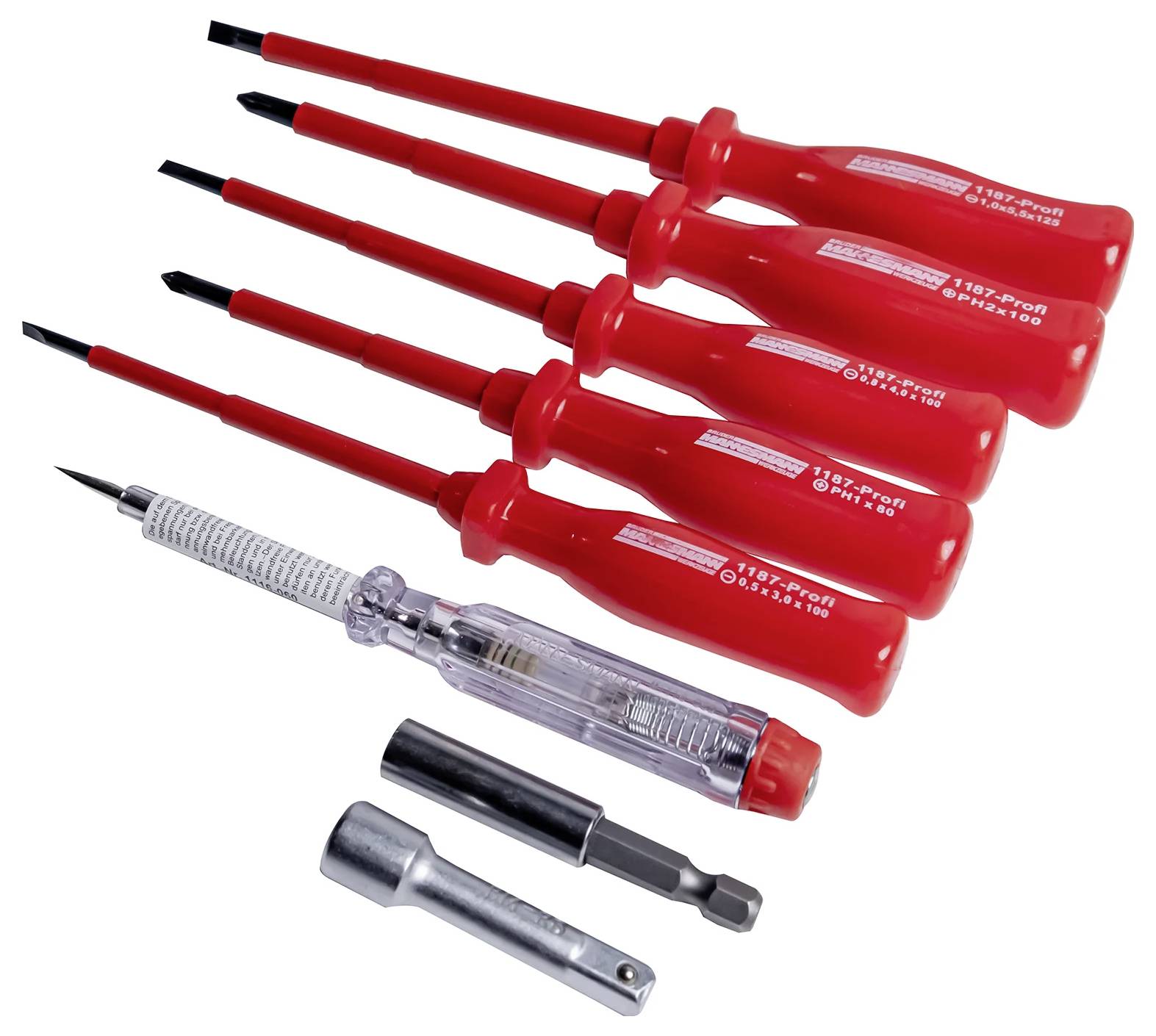 A set of six red screwdrivers and a voltage tester with metal attachments. Suitable for electrical installations.