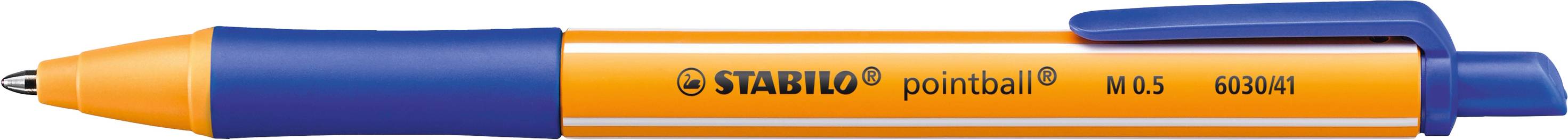 A blue and orange ballpoint pen by Stabilo, with the inscription 'pointBall M 0.5'.
