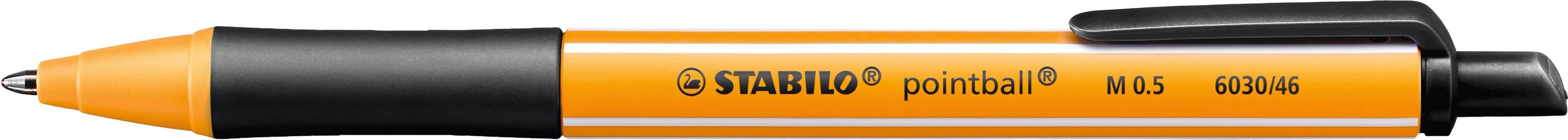 An orange ballpoint pen with a black cap and rubberised grip zone, labelled with 'STABILO pointball'.