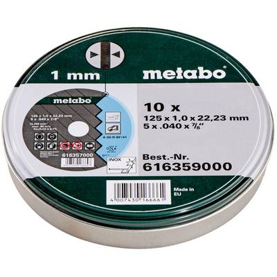 Metabo 1 mm cutting disc pack labeled 10 x 125 x 1.0 x 22.23 mm, Best-Nr. 616359000, in metal tin<br>
