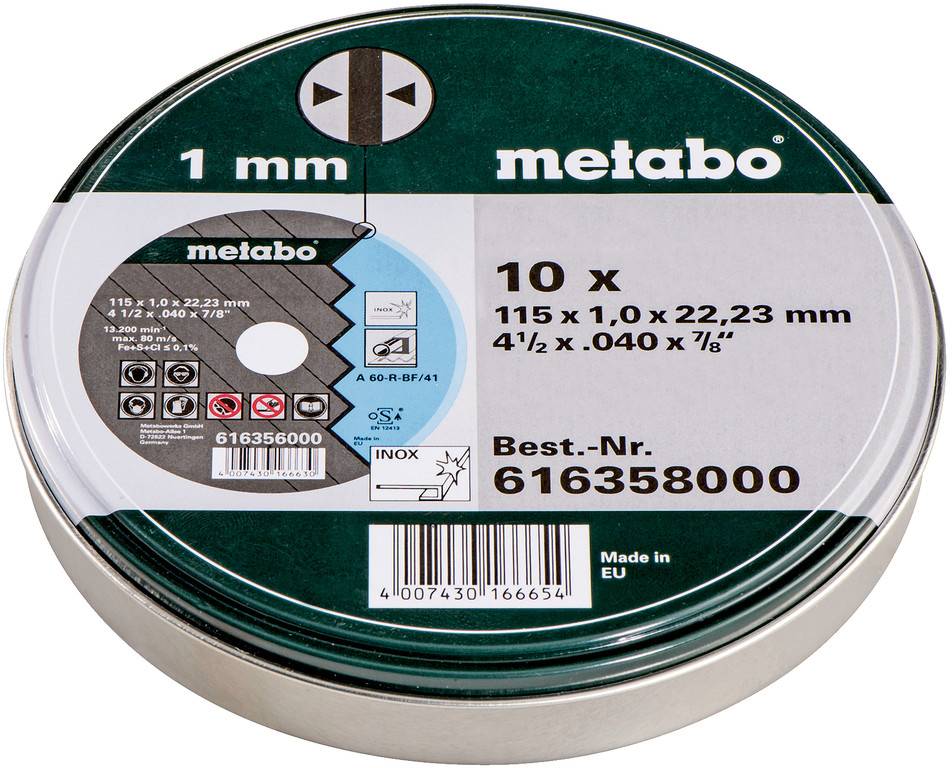 Metabo cut-off wheel package labeled 10 x 115 x 1.0 x 22.23 mm, best no. 616358000, in a round metal tin.