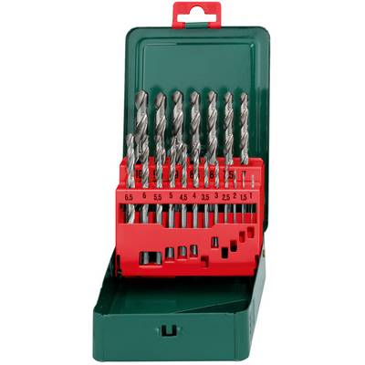Green and red drill bit set case with multiple metal bits arranged by size in a portable storage box.