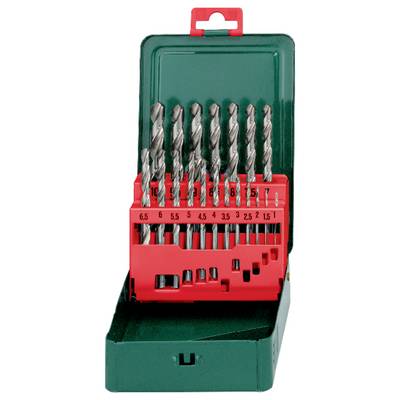 A green and red drill bit set containing ten various sized bits, ranging from 1.5 to 10 millimeters, organized in ascending order.
