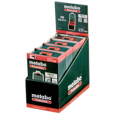 'Metabo' drill bit set display, reading '25 pcs., HSS-G'. The display is branded with promotional labels, showing detailed packaging.