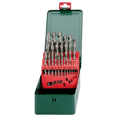 A set of various-sized drill bits in a red holder, placed inside an open green metal case.
