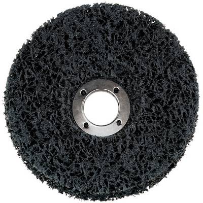 Black abrasive wheel disc with a central metal mounting ring on a white background.