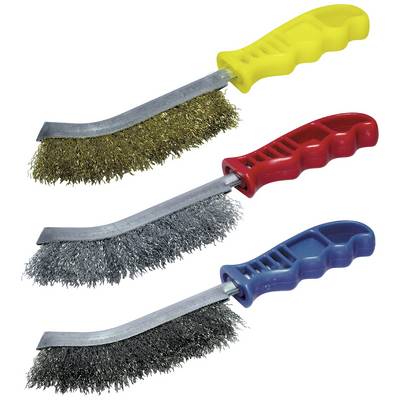 Three wire brushes with colourful handles: yellow, red, and blue. The bristles are made of metal, with ergonomically shaped handles.