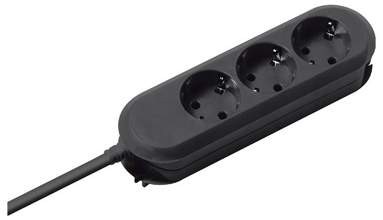 A black three-socket power strip with a connected power cord, designed for European plug types.