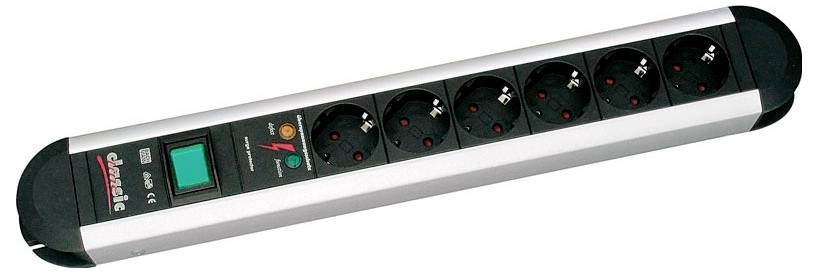 Power strip with six round sockets, on/off switch, and surge protection indicators; designed for electrical device connectivity.