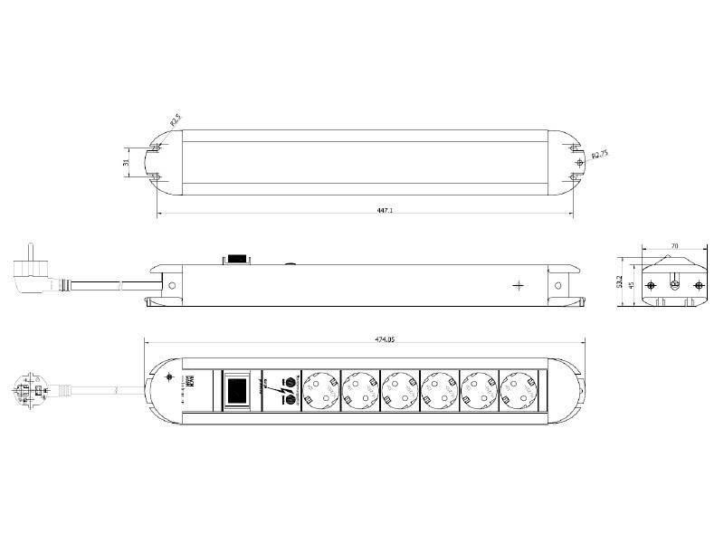 Technical drawing of a power strip with six sockets, labeled dimensions, and plug details, shown from top, side, and front views.