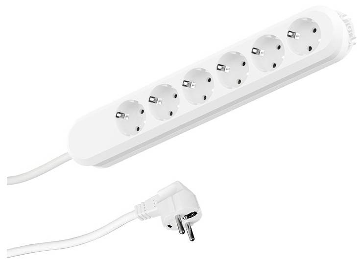 A white six-socket power strip with a connected angled plug, used for extending electrical outlets.