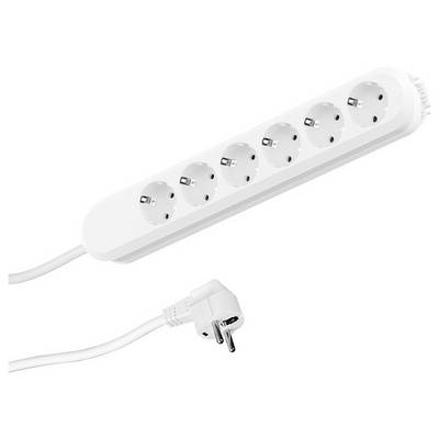 A white six-socket power strip with a connected angled plug, used for extending electrical outlets.
