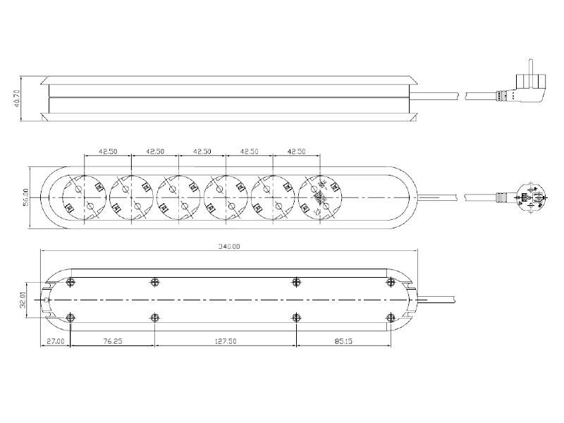 Technical drawing of a power strip with six sockets and dimensions in centimeters along different views, including top and side angles.