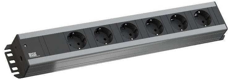 'Black power strip with six European-style sockets and metal casing, suitable for office or home use.'