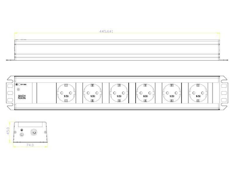 An electrical power strip with five European sockets arranged horizontally, technical dimensions indicated at the top and side.