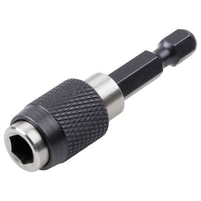 A black magnetic drill bit holder with a ribbed metal handle lies on a white background.