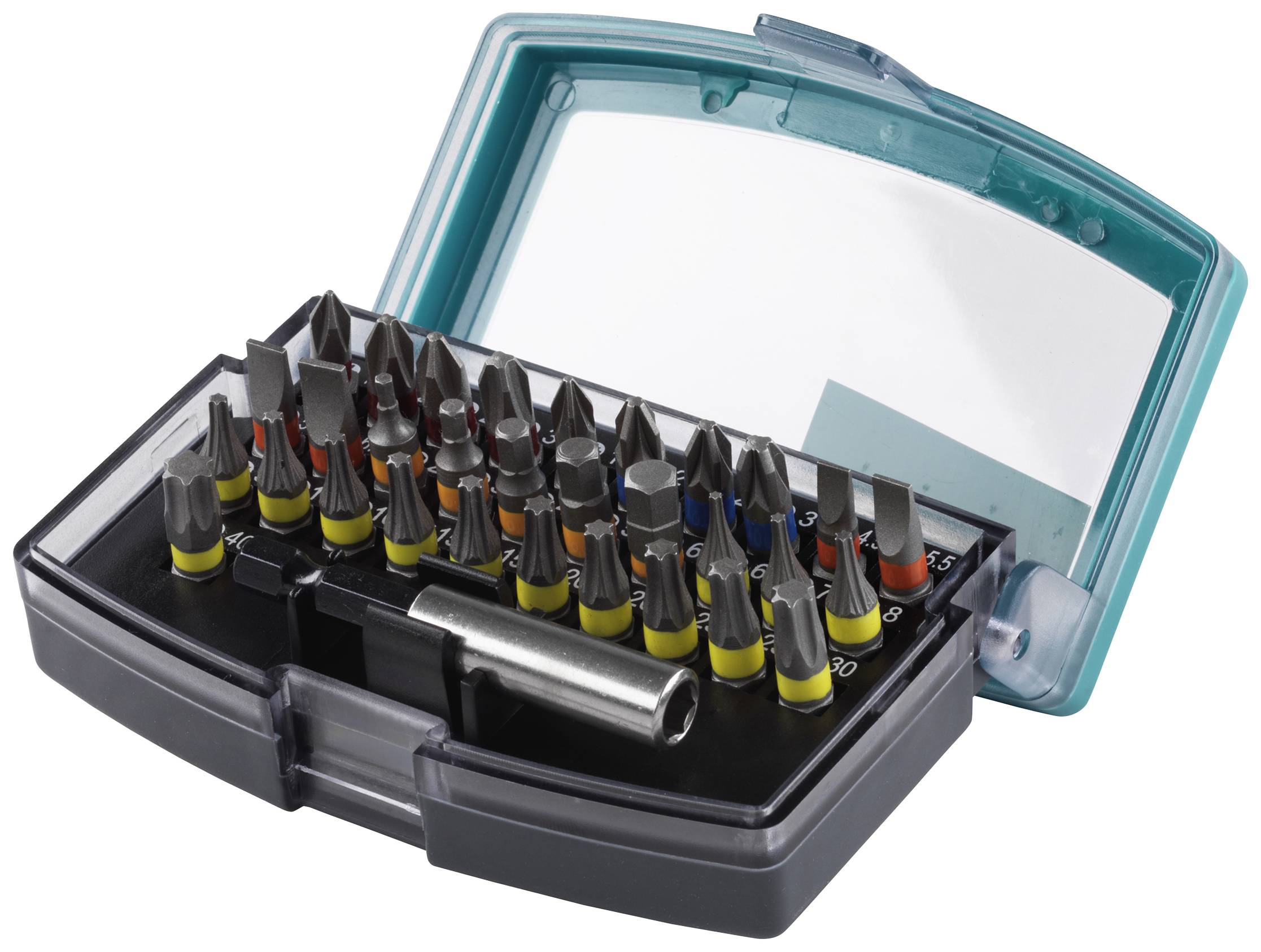 A set of 32 magnetic screwdriver bits in a storage box. The bits are colour-coded for different screw types.
