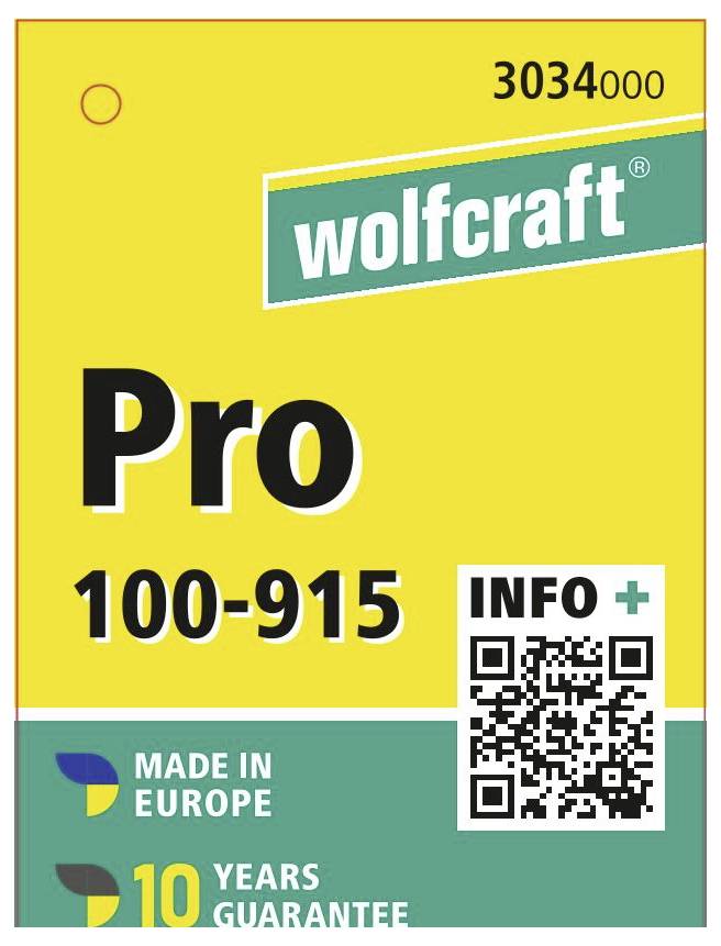 'Wolfcraft Pro 100-915' product packaging; features include 'Made in Europe', '10 Years Guarantee', and a QR code for more info.