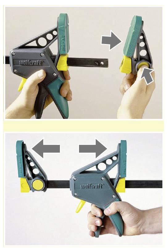 Two images showing hands using a quick-grip clamp. Top: Fingers engage release lever to adjust jaws. Bottom: Clamp secures between hands.