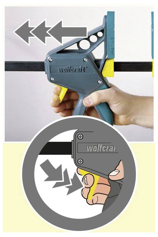 'Wolfcraft' bar clamp in use, showcasing the hand gripping the handle and squeezing the quick-release trigger. Arrows indicate movement direction.