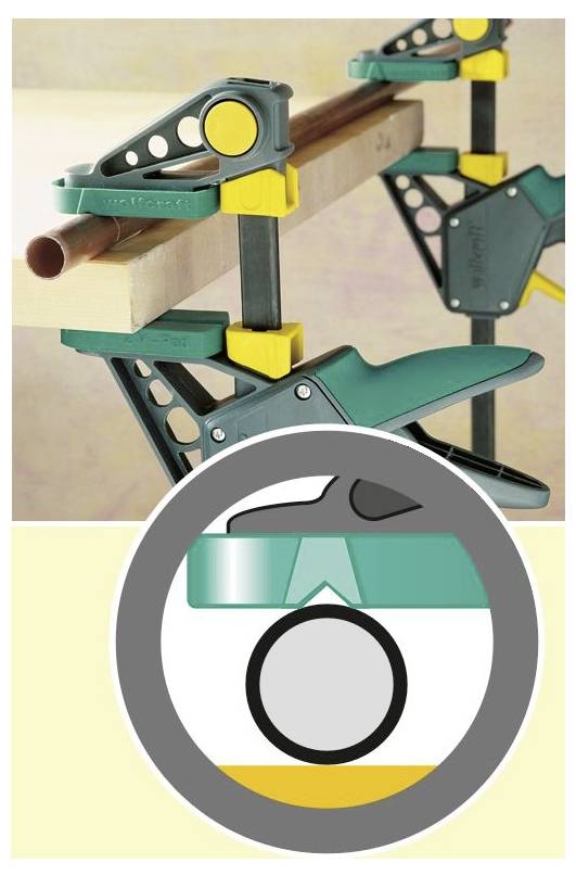 A clamp tool securing a piece of wood with an inset showing its mechanism, highlighting adjustable components in yellow and green.