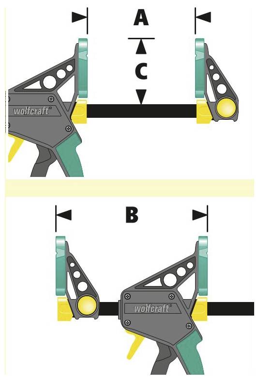The image shows two diagrams of a tool. The top diagram highlights dimensions A, C, and a distance between clamped parts. The bottom diagram highlights dimension B with two parts compressed together.