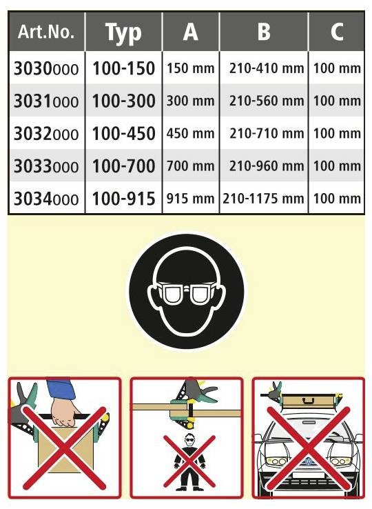 Table of part numbers with dimensions; a safety icon and three prohibited actions: hand in package, worker under object, object on vehicle.